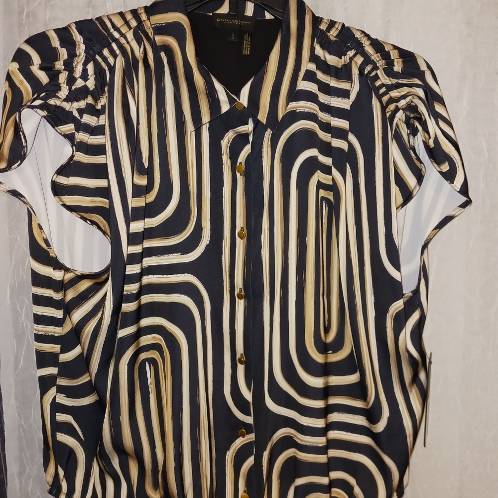 Donna Karan New York short sleeve blouse, cream/taupe/brown, unique, size L